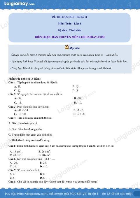 Đề thi học kì 1 Toán 6 - Đề số 11 - Cánh diều